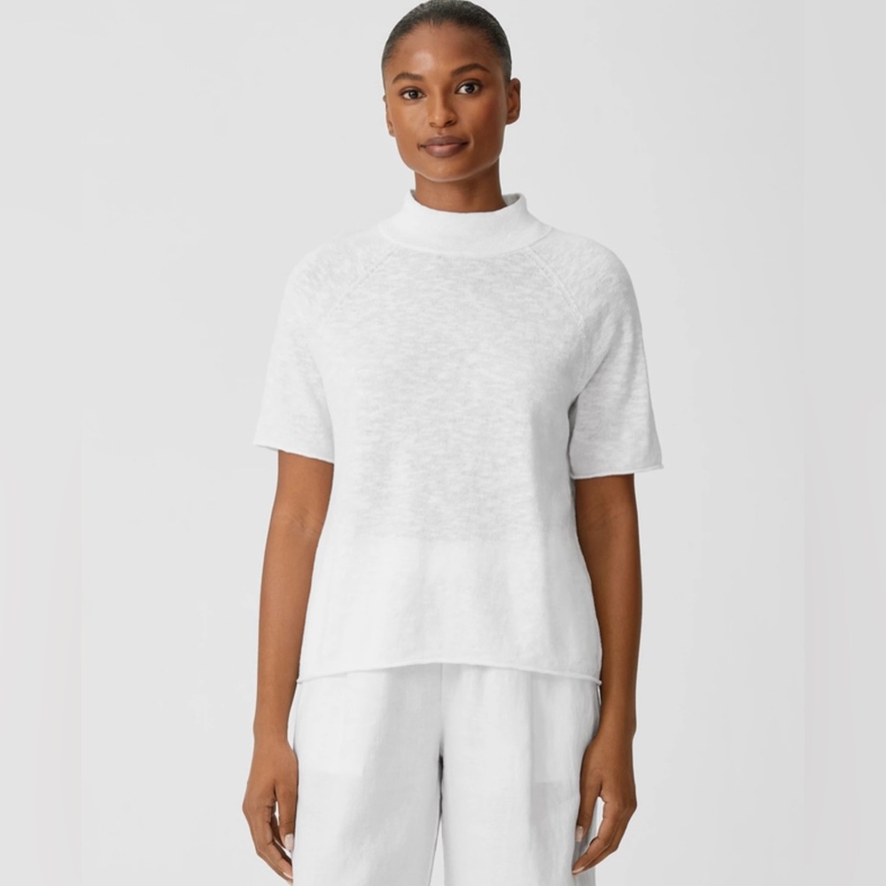 EILEEN FISHER Organic Cotton Linen Slub Funnel Neck Top Size S